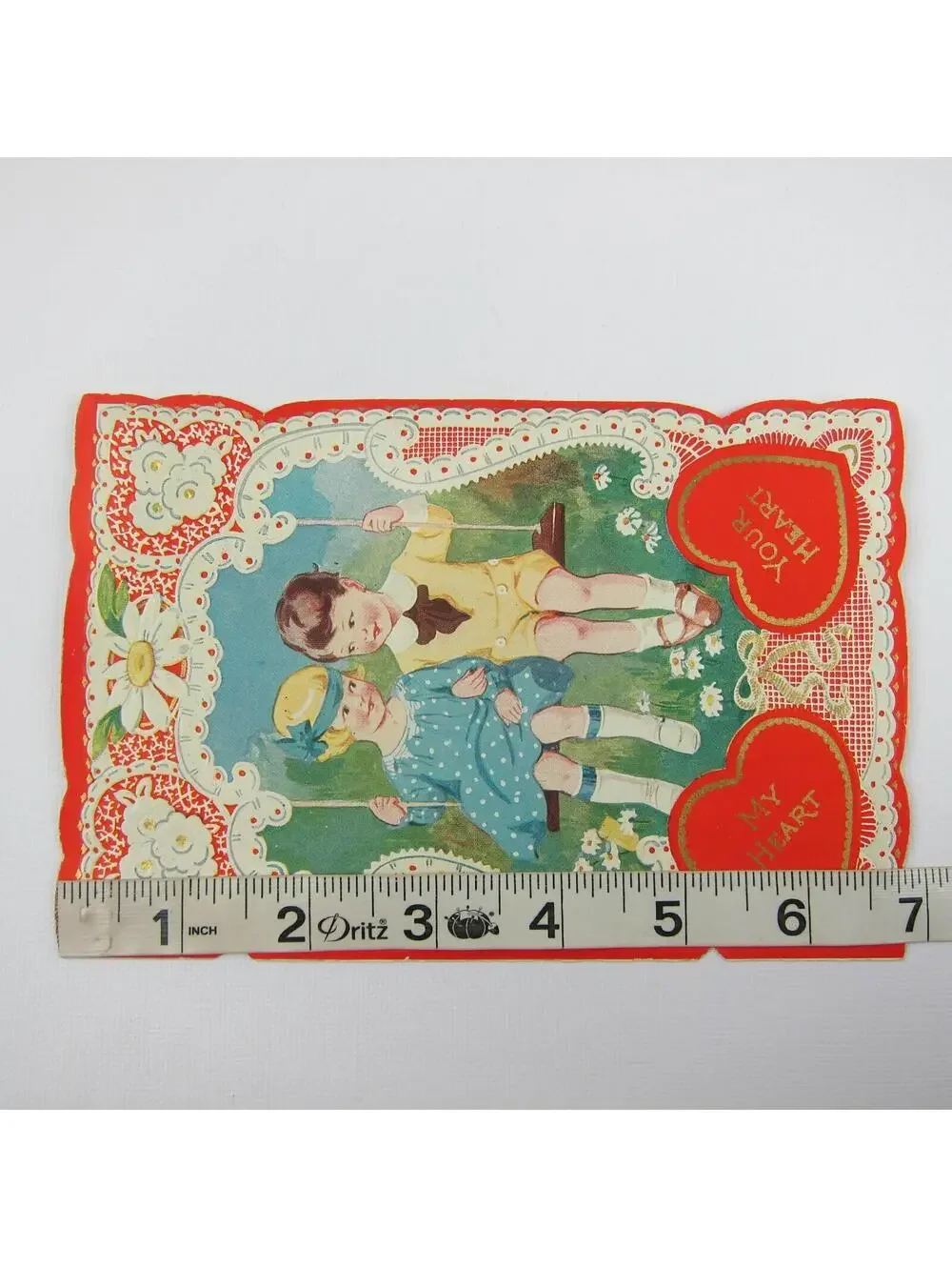Antique Valentine Blonde Girl Blue Dress Boy Swing Daisy Flowers Die cut Bifold